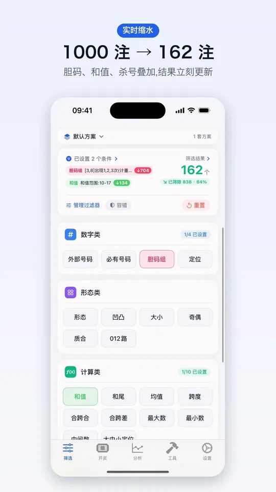 实时缩水：胆码、和值、杀号叠加，1000 注缩到 162 注